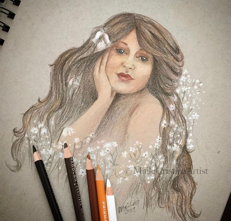 Original Color Pencil Drawing Girl with Flowers on toned paper