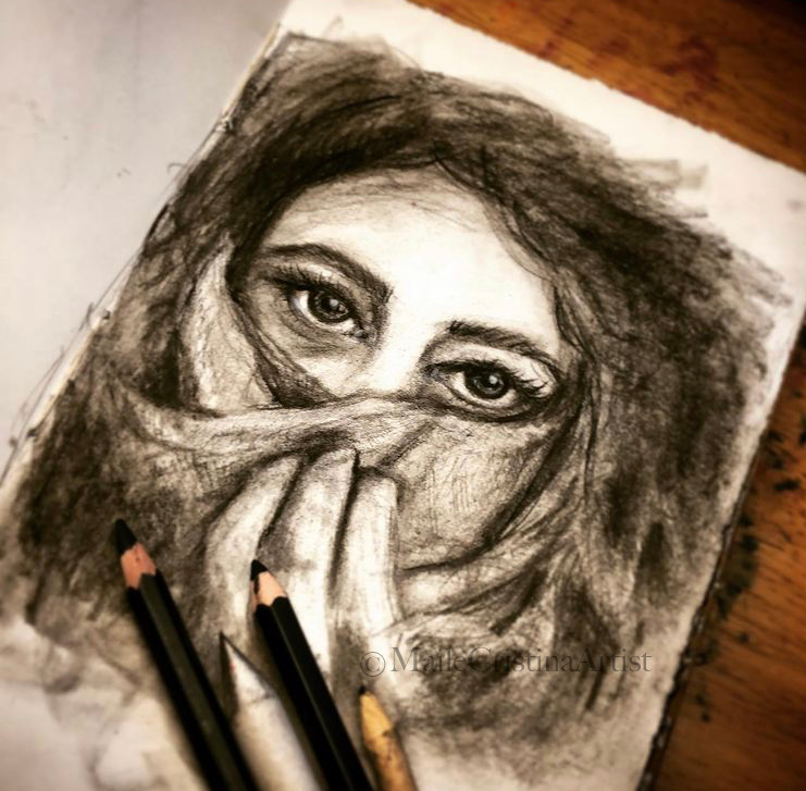 Original Charcoal Sketch "Girl with Scarf" on paper - Maile Cristina Artist