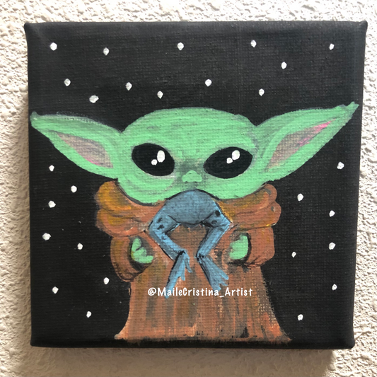 4x4 Mini Canvas Painting “Baby Yoda/Grogu and Frog” Fan Art