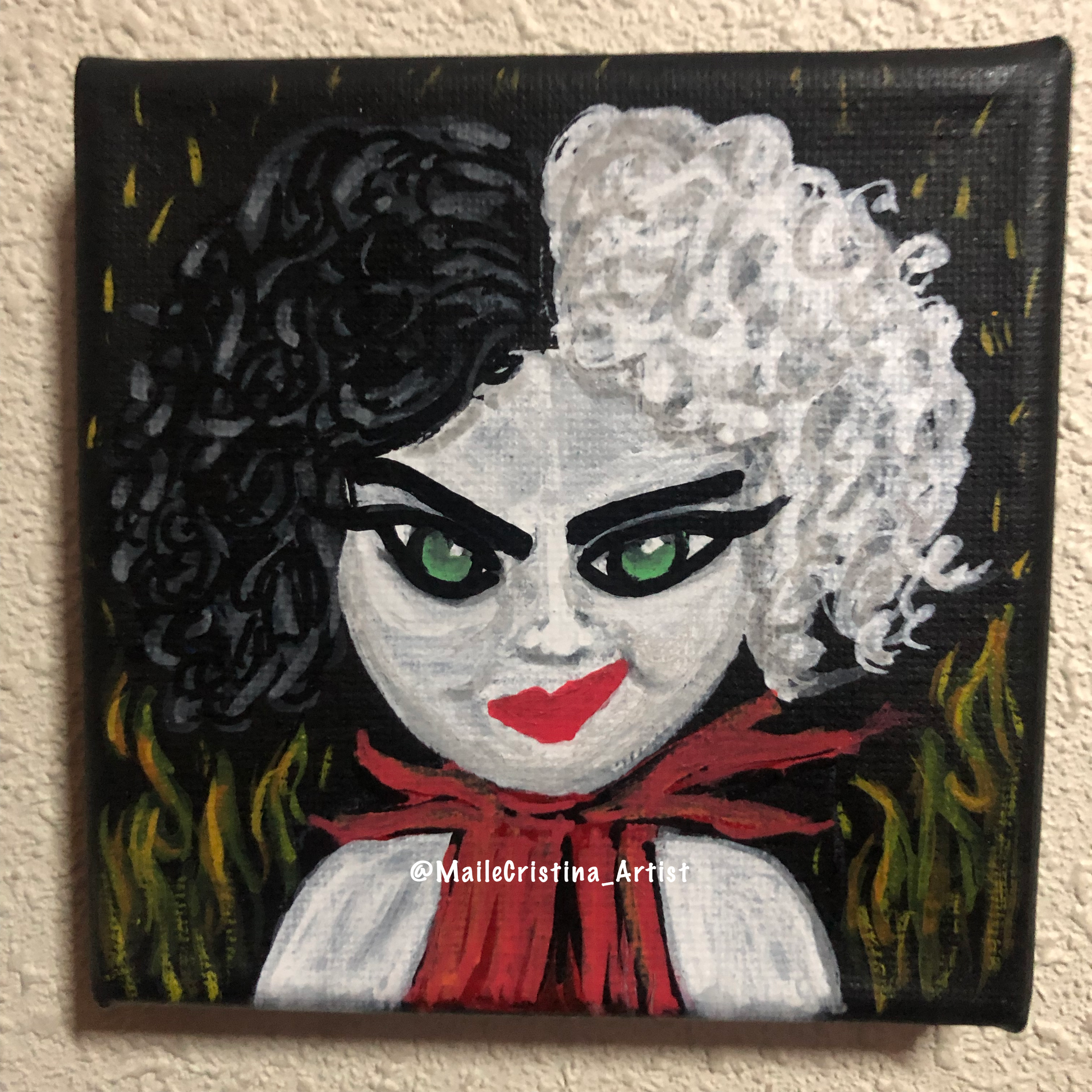 4x4 Mini Canvas Painting “Cruella” Fan Art – Maile Cristina Artist