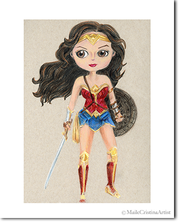 8x10 Art Print "Cute Wonder Woman" Fan Art - Maile Cristina Artist