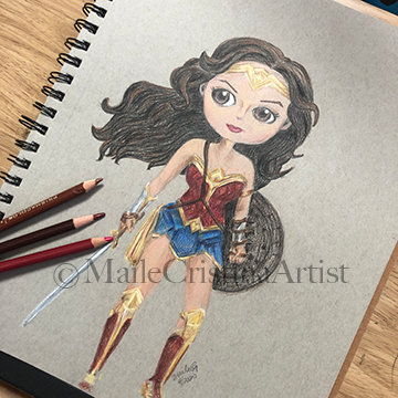 Original Color Pencil Drawing "Cute Wonder Woman" Fan Art on toned paper - Maile Cristina Artist