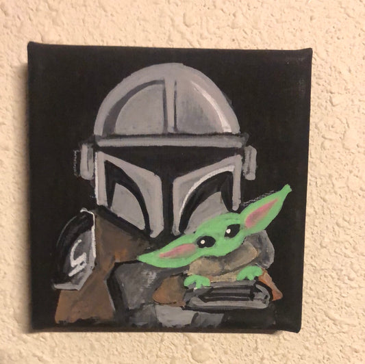 4x4 Mini Canvas Painting “Baby Yoda/Grogu and Mando” Fan Art